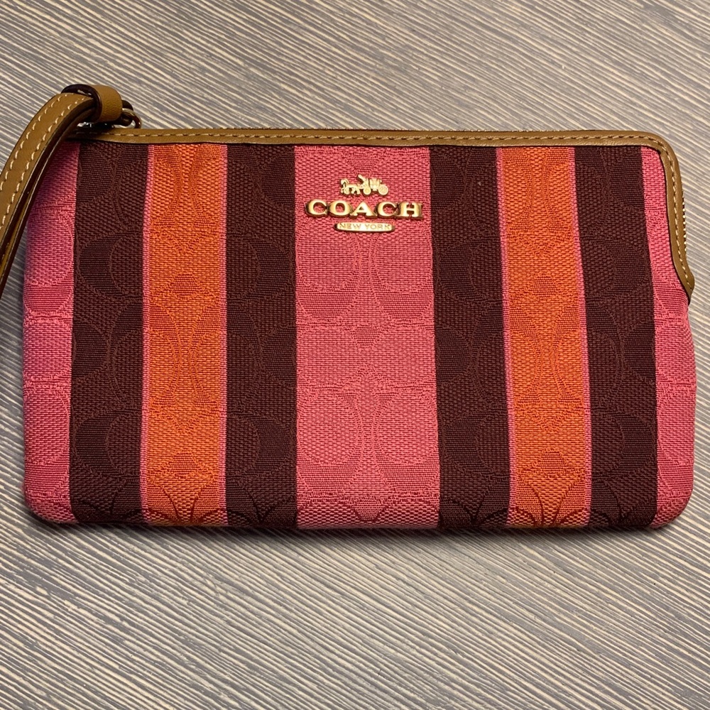 Coach signature Jacquard striped leather accent wristlet
